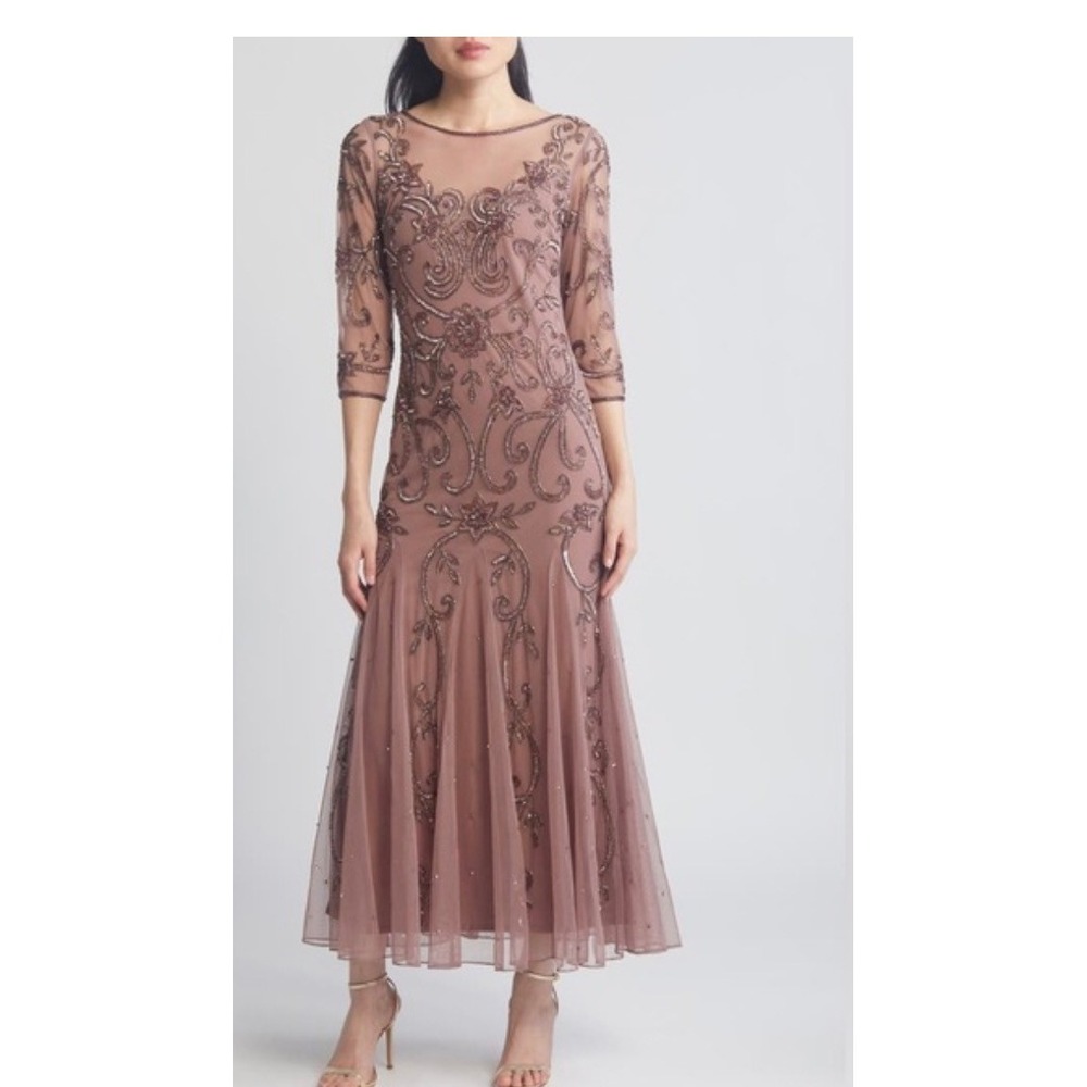 Pisarro Nights Beaded Illusion Neck Gown Light Blush Pink 6 NEW